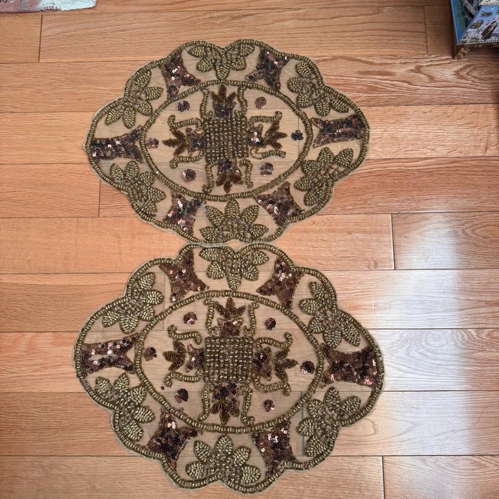 Gold Sequin Beaded Floral Appliqué Pair